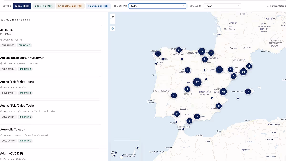 Data Centers en España: nueva herramienta mapea 236 sedes